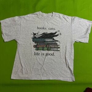 VINTAGE 90s Edward Gorey Books Cats Life Is Good T-Shirt Gray Mens LARGE Art Tee